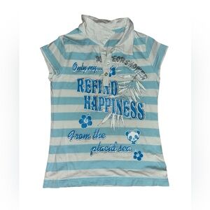 Blue and White Striped Polo Shirt with Collar